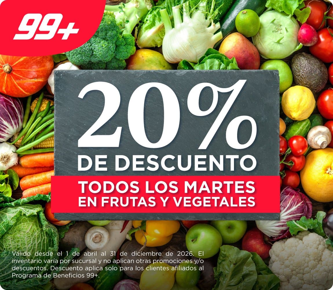 Martes 20% de descuento en frutas y vegetales en Super 99 con 99+