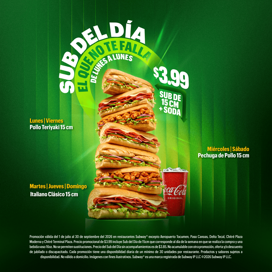 Sub del Día en Subway: sub 15cm + bebida 16oz a $3.99